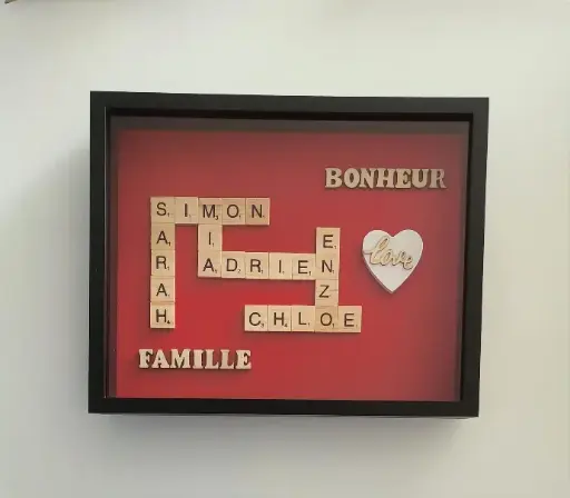 Cadre Scrabble Famille Bonheur Rouge 26 Lettres Personnalisable