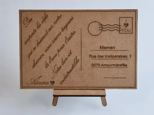 Carte Postale, en MDF, Gravée Texte personnalisé